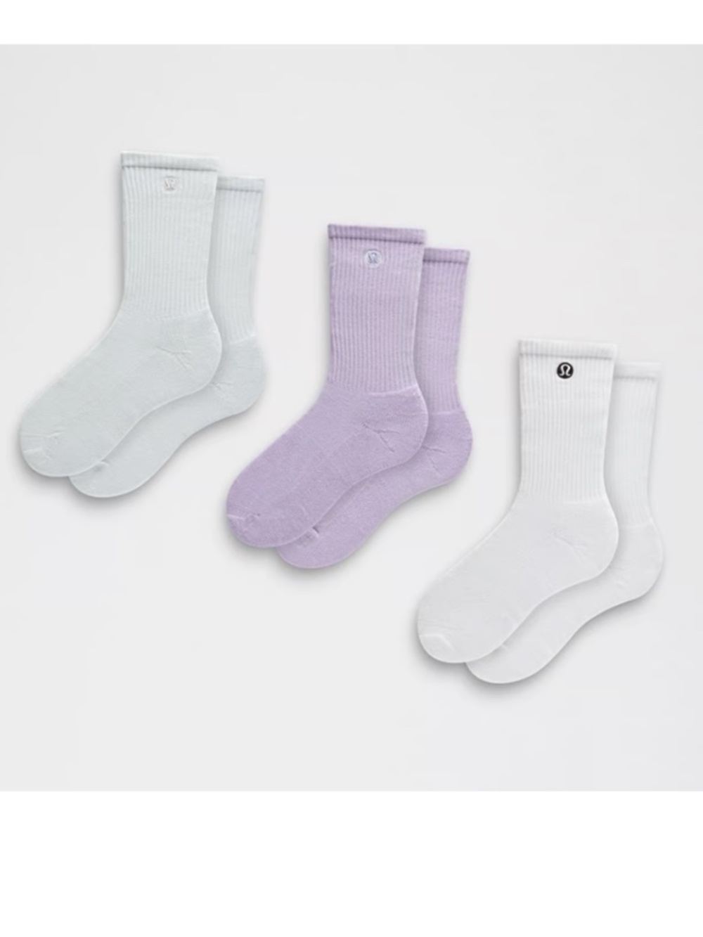 Lululemon daily essentials socks 3 pair SZ Med White Ocean Air & Lavender